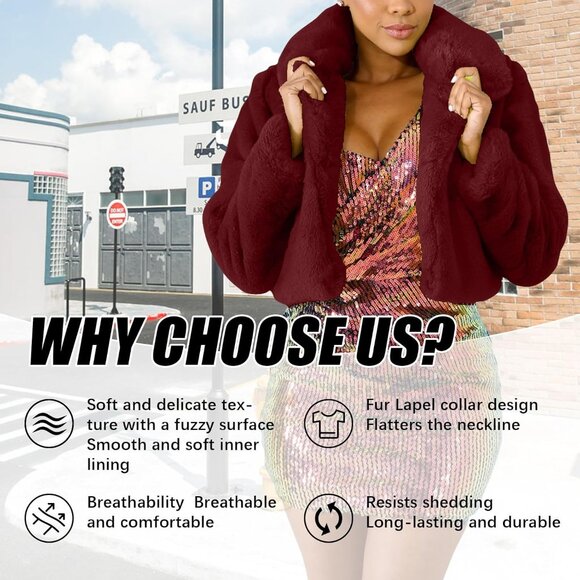 Women's Winter Faux Fur Long Sleeve Jacket Shaggy Open Front Cardigan Wine Red - Picture 5 of 7